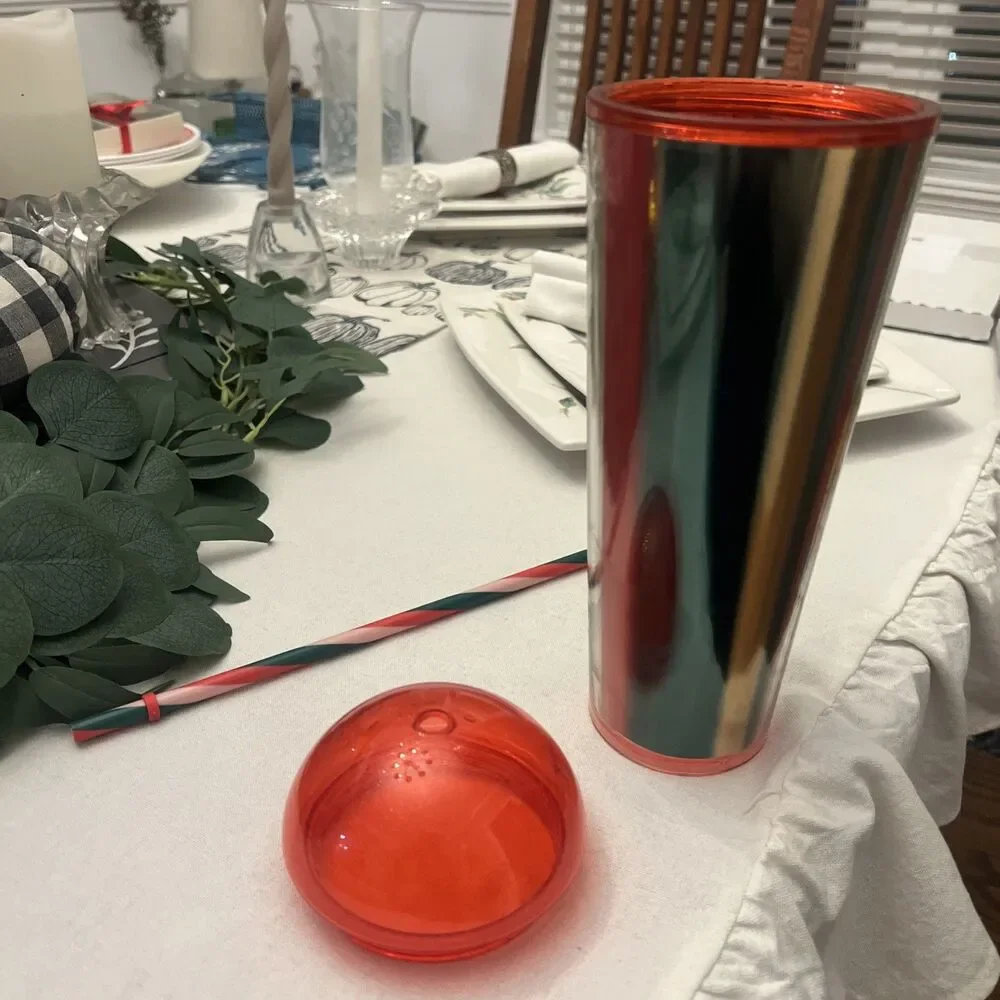 Starbucks 2024 Metallic Red Green Gold Stripe Dome Cup Limited Edition‎ w/straw